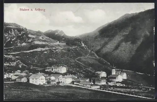 AK Stuben a. Arlberg, Ortsansicht aus der Vogelschau