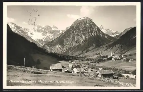 AK Brand, Ortsansicht mit Mottenkopf, Scesaplana und Panüler Schrofen