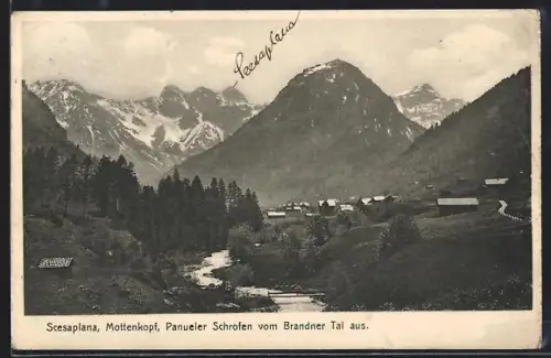 AK Brand, Scesaplana, Mottenkopf, Panüler Schrofen vom Brandner Tal aus gesehen, Blick zum Ort