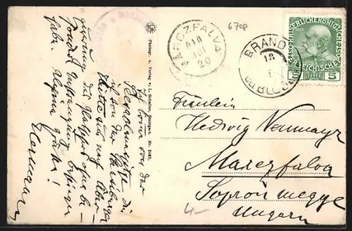 AK Brand, Scesaplana, Mottenkopf, Panüler Schrofen vom Brandner Tal aus gesehen, Blick zum Ort