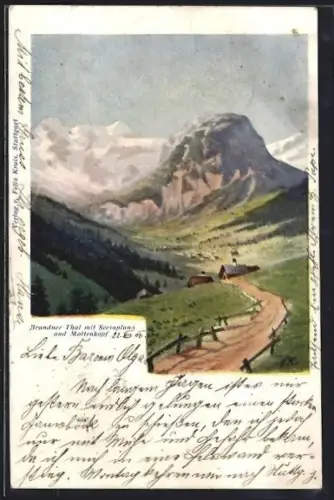 Künstler-AK Brand, Brandner Tal mit Scesaplana und Mottenkopf
