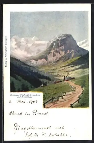 Künstler-AK Brand, Brandner Tal mit Scesaplana und Mottenkopf aus der Vogelschau