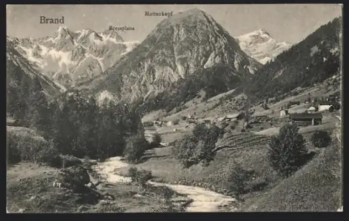 AK Brand, Flusspartie mit Ortsblick, Scesaplana u. Mottenkopf