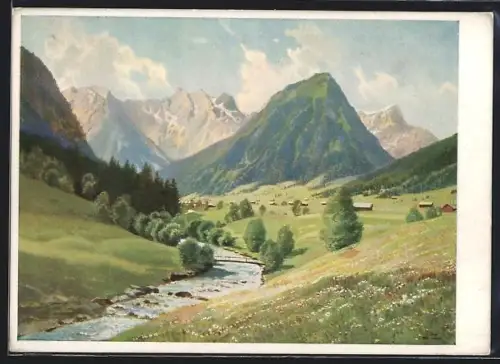 Künstler-AK Brand im Brandner Tal, Flusspartie mit Ortsblick u. Scesaplana