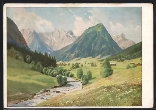 Künstler-AK Brand im Brandner Tal, Flusspartie mit Ortsansicht u. Scesaplana