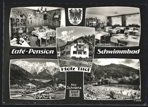AK Mötz /Tirol, Cafe-Pension Schwimmbad Schranz, mit Innenansichten, Schwimmbad, Ortsansicht, Wappen