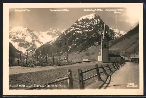 AK Brand /Vorarlberg, Kirche mit Scesaplana-Panorama