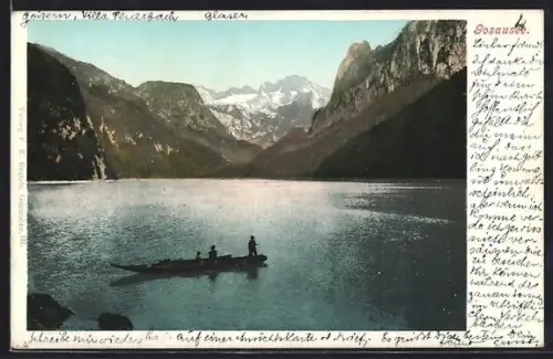 AK Gosausee, Boot auf dem See unterwegs, Blick zum Dachstein