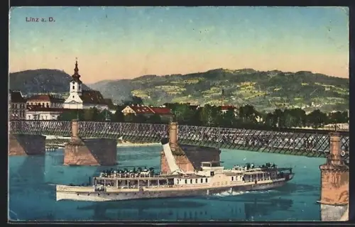AK Linz a. D., Stadtpanorama mit Brücke u. Dampfer