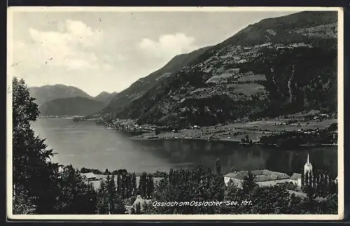 AK Ossiach am Ossiacher See, Seepartie mit Kirche aus der Vogelschau