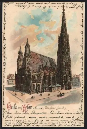 Lithographie Wien I, Stephansplatz, Stephansdom, Spaziergänger um 1900