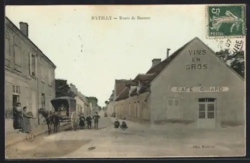 AK Batilly, Route de Beaune avec le Café Girard et un char à cheval