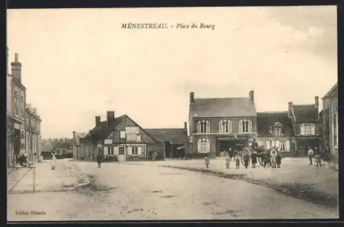 AK Ménestreau, Place du Bourg animée avec habitants et bâtiments historiques