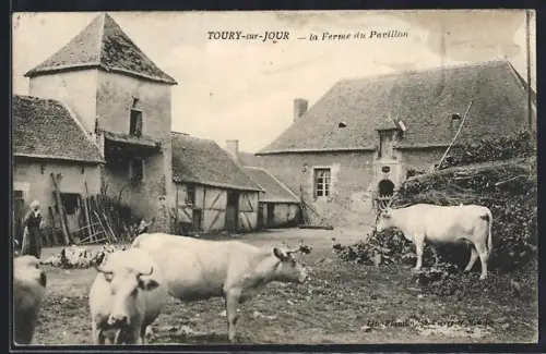AK Toury-sur-Jour, La Ferme du Pavillon avec des vaches dans la cour