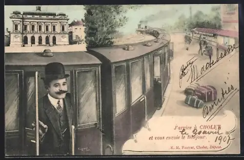 AK Cholet, Arrivée d`un train à la gare avec un homme saluant depuis la portière