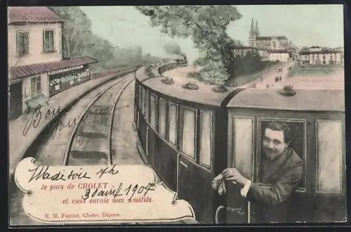 AK Cholet, Départ d`un tramway avec vue sur la ville et l`église en arrière-plan