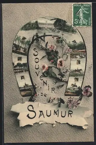 AK Saumur, Souvenir illustré avec motifs floraux et paysages
