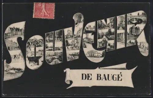 AK Baugé, Souvenir de Baugé avec collages de vues locales
