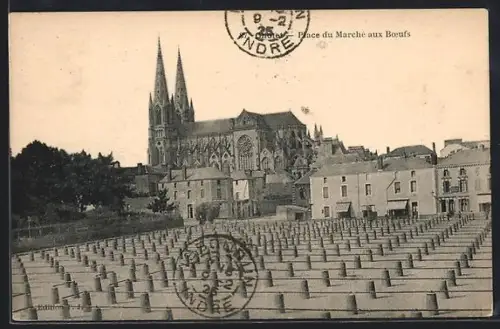 AK Châteauroux, Place du Marché aux Boeufs avec vue sur l`église en arrière-plan