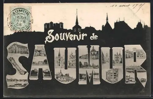 AK Saumur, Souvenir de Saumur avec vues des monuments et paysages locaux