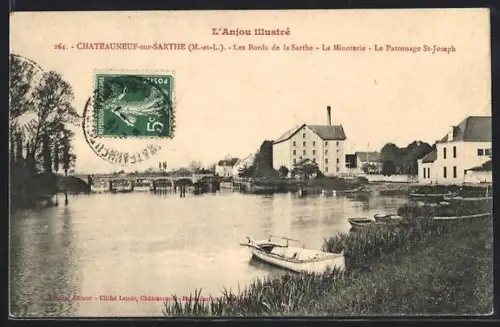 AK Châteauneuf-sur-Sarthe /M-et-L, Les Bords de la Sarthe, La Minoterie, Le Patronage St-Joseph