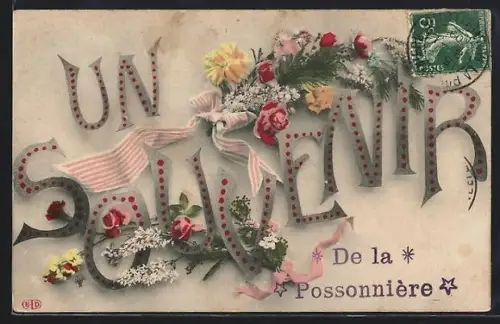 AK La Possonnière, Un Souvenir fleuri avec rubans et roses