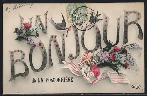 AK La Possonnière, Un bonjour fleuri avec hirondelles