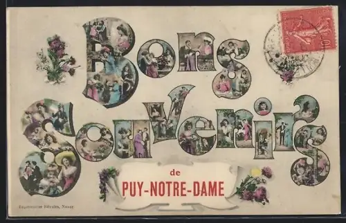 AK Puy-Notre-Dame, Bons Souvenirs illustrés de scènes et fleurs