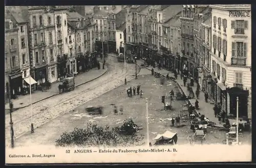 AK Angers, Entrée du Faubourg Saint-Michel avec calèches et passants