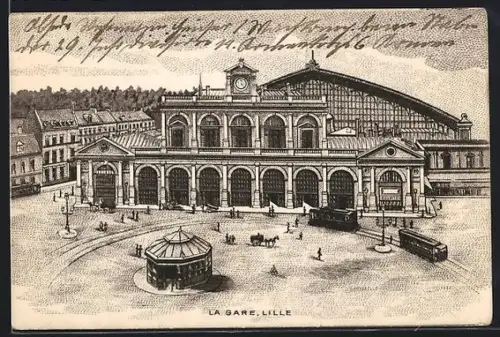 AK Lille, La Gare, Bahnhof und Strassenbahn
