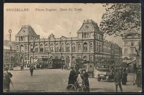 AK Brüssel / Bruxelles, Place Rogier et Gare du Nord mit Strassenbahn