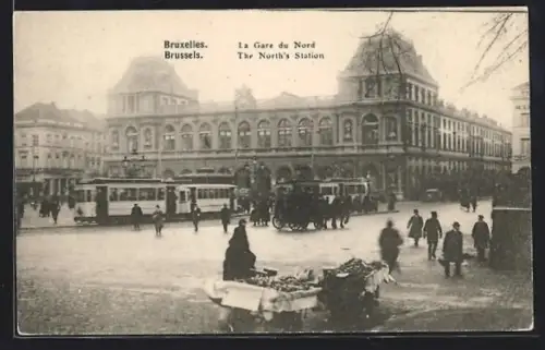 AK Bruxelles, La Gare du Nord, Bahnhof, Strassenbahn