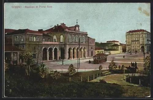 AK Torino, Stazione di Porta Susa, Bahnhof, Strassenbahn