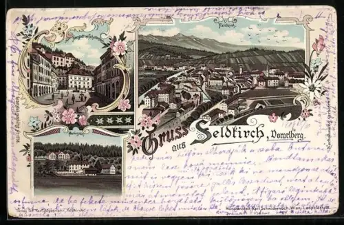 Lithographie Feldkirch /Vorarlberg, Mariagrün, Neustadt mit Schattenburg, Totalansicht