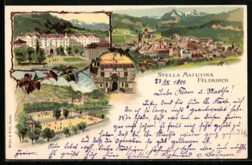 Lithographie Feldkirch, Stella Matutina, Ortsansicht aus der Vogelschau