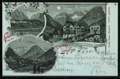 Mondschein-Lithographie Lünersee, Gasthof und Pension Scesaplana, Bes. S. Kegele, Douglass-Hütte