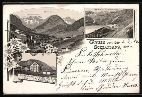 Lithographie Brand, Gasthof und Pension z. Scesaplana, Bes. S. Kegele, Douglasshütte mit Lünersee