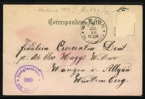 Lithographie Brand, Gasthof und Pension z. Scesaplana, Bes. S. Kegele, Douglasshütte mit Lünersee