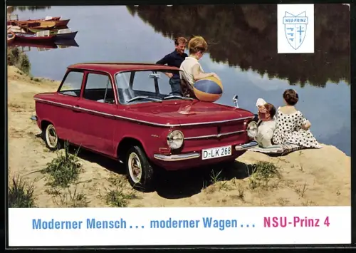 AK NSU-Prinz 4, Ausflügler parken am Seeufer, Auto-Reklame