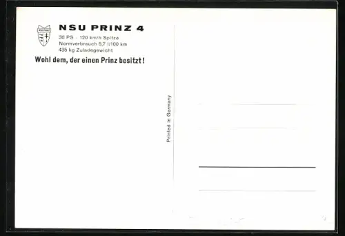 AK NSU-Prinz 4, Ausflügler parken am Seeufer, Auto-Reklame