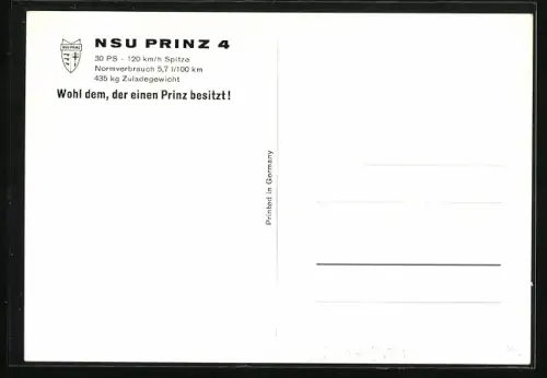 AK NSU-Prinz 4 geparkt am Seeufer, Auto-Reklame