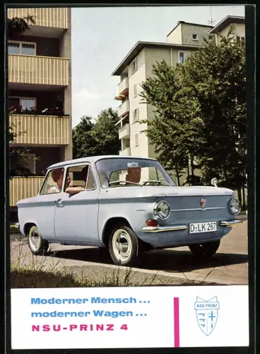AK NSU-Prinz 4 vor einem Wohngebäude, Auto-Reklame