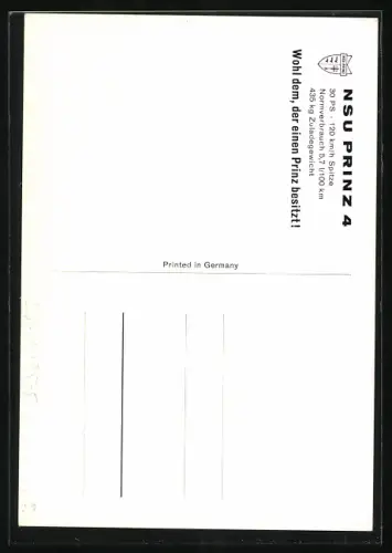 AK NSU-Prinz 4 vor einem Wohngebäude, Auto-Reklame