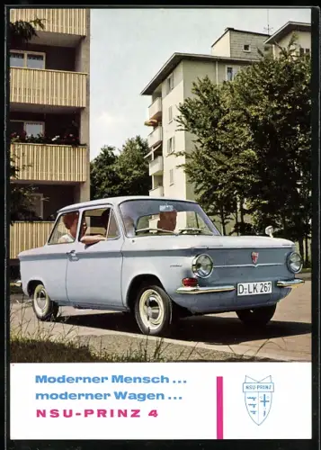 AK NSU-Prinz 4, Familie im Auto vor einem Wohnhaus, Auto-Reklame