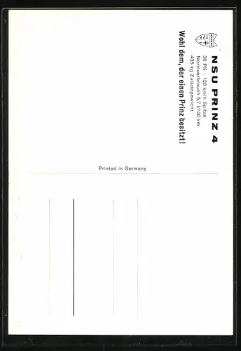 AK NSU-Prinz 4, Familie im Auto vor einem Wohnhaus, Auto-Reklame