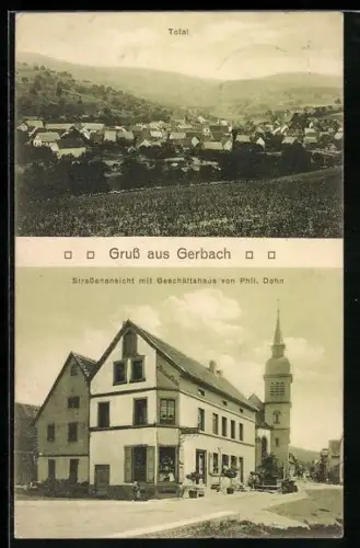AK Gerbach, Geschäftshaus von Phil. Dohn, Ortsansicht aus der Vogelschau