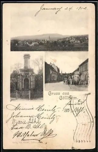 Künstler-AK Göllheim, Denkmal, Strassenpartie und Gesamtansicht