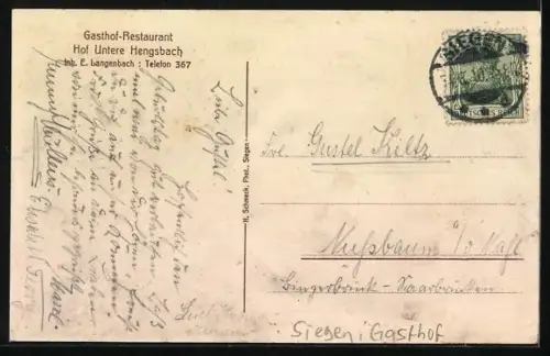 AK Siegen, Gasthaus Hof Untere Hengsbach, Inh. E. Langenbach