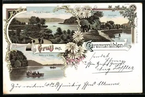 Lithographie Gremsmühlen, Partie a. Diecksee, Angler, Partie a. d. Holm mit Booten