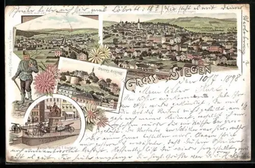 Lithographie Siegen, Bergmann, Hüttenthal, Oberers Schloss, Kaiser Wilhelm I.-Denkmal